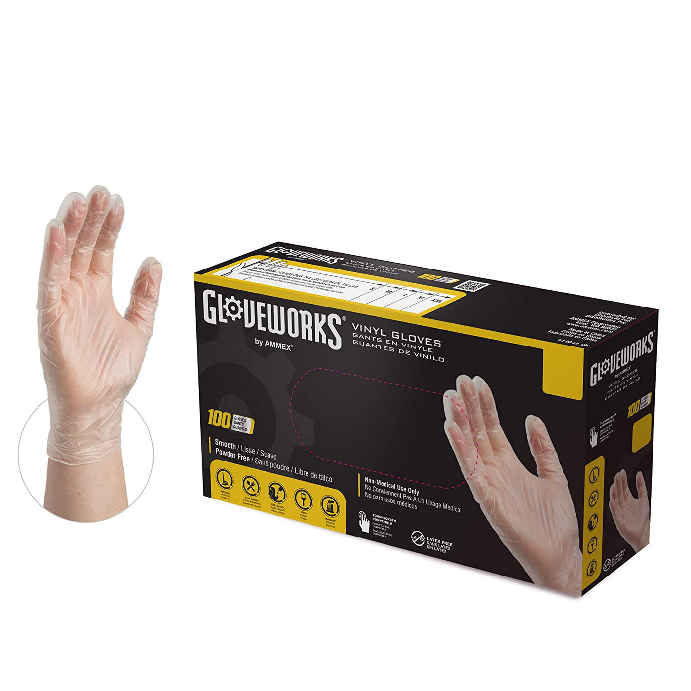 GLOVEWORKS Clear Vinyl Industrial Gloves, Box of 100, 3 Mil, Size Small, Latex Free, Powder Free, Food Safe, Disposable, Non-Sterile, IVPF42100-BX