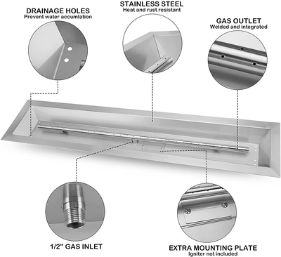 Stanbroil 36 x 6 inch Linear Drop-in Fire Pit Pan with Spark Ignition Kit Natural Gas Version, Rated for up to 65,000 BTU’s