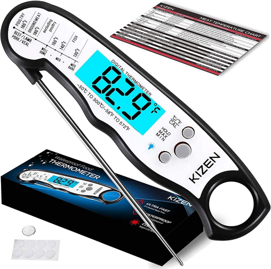 Kizen Digital Meat Thermometers for Cooking - Waterproof Instant Read Food Thermometer for Meat, Deep Frying, Baking, Outdoor Cooking, Grilling, & BBQ (Black/White)