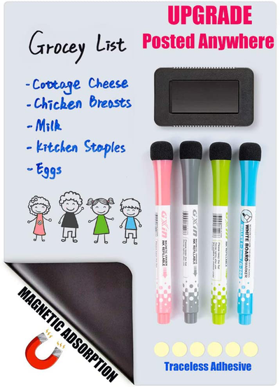 Magnetic Dry Erase Board for Refrigerator, Upgraded Rridge White Board with Sticker for Magnetic or non-magnetic Surface,Long Time Stain Resistant Includes 4 Markers and Big Eraser,Pefect Grocery List