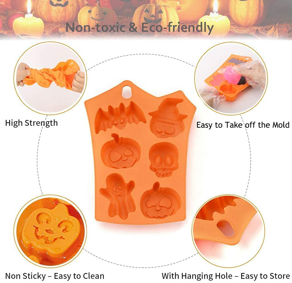 3D Silicone Halloween Pumpkin Candy Molds, Pumpkin Cake Mold Chocolate Gummy Molds, Kitchen DIY Handmade Cookie Baking Mold for Bat, Skull, Ghost Shapes - Perfect to Make Pudding, Ice Cube, Chocolate