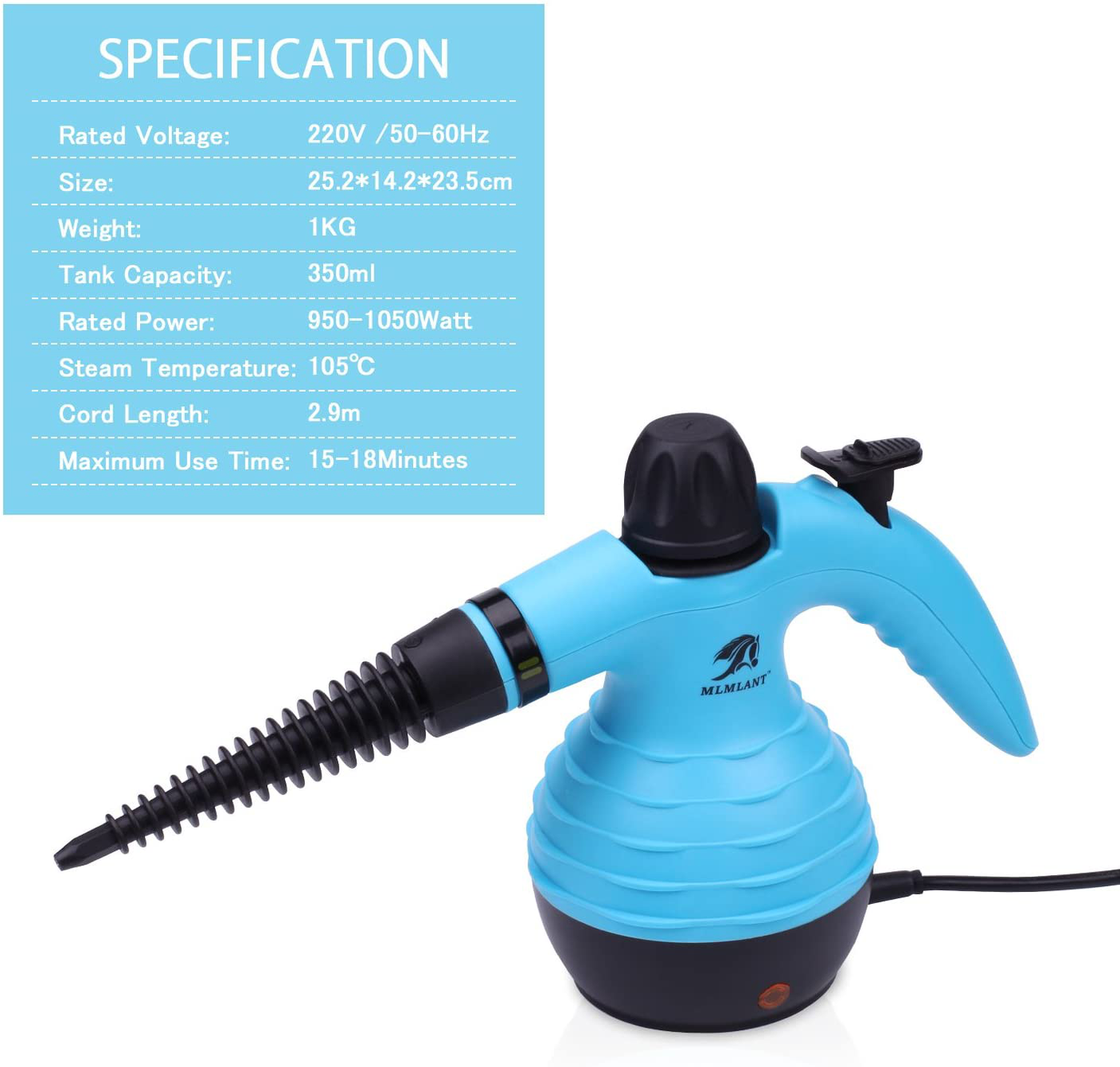 MLMLANT Multipurpose Handheld Steam Cleaner, 1050W Portable Steamer with 9-Piece Accessory Set, Pressurized Steam Cleaning Machine with Safety Lock, for Kitchen Bathroom Windows Auto Floors Sofa Carpet Upholstery, More (Blue)