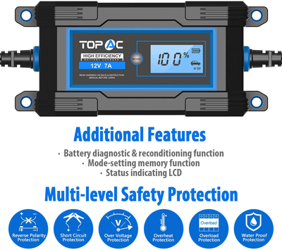 4A or 7A Volt Automatic Car Battery Charger for Automotive, Motorcycle, Boat, RV, Toys, Power Tools