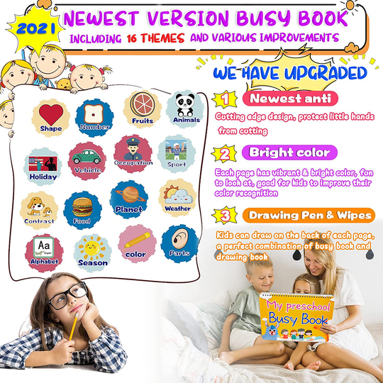 HeyKiddo Toddler Busy Book, Autism Toys for Kids, Preschool Learning Activity Binder, 16 Themes with Colorful Pages, Educational Book for Autism & Special Needs, Drawing Book for Home School Learning