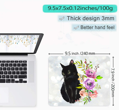 Black Cat Floral Watercolor Mouse Pad Cute Cat Lover Gift Desk Accessories Decor for Women Computer Mousepad School Supplies