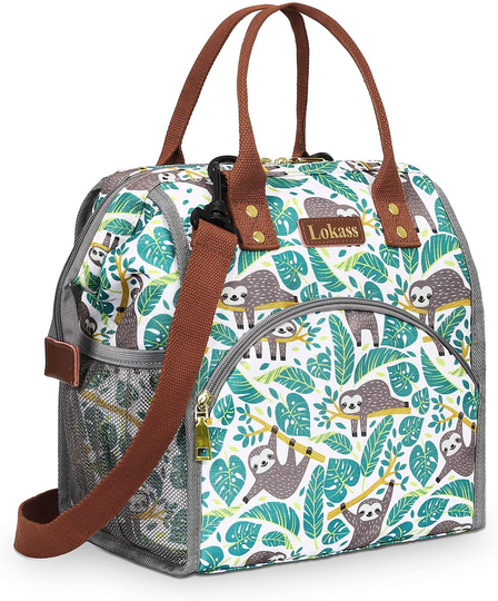 LOKASS Lunch Bag Insulated Lunch Box Wide-Open Lunch Tote Bag Large Drinks Holder Durable Nylon Snacks Organizer with Removable Shoulder Strap for Women Men Adults Work Outdoor,Sloth