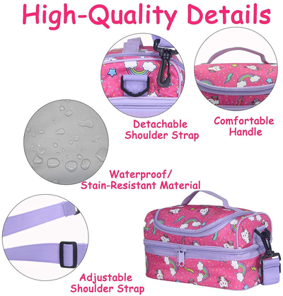 Lunch Bag Box for Girls, Kasqo Insulated Cooler Bag Kids Lunch Tote with Dual Compartments, Lavender Unicorn