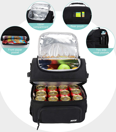 MIER Dual Compartment Lunch Bag Tote with Shoulder Strap for Men and Women Insulated Leakproof Cooler Bag, Dark Grey