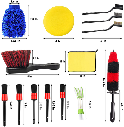 Jaronx 15 PCS Car Wheel & Tire Brush Set, 17 Inches Long Handle Rim Wheel Brush, Short Handle Wheel Brush, Detailing Brushes, Wash Mitt, Vent Duster, Wax Applicator Pads, Washing Towels, Wire Brushes