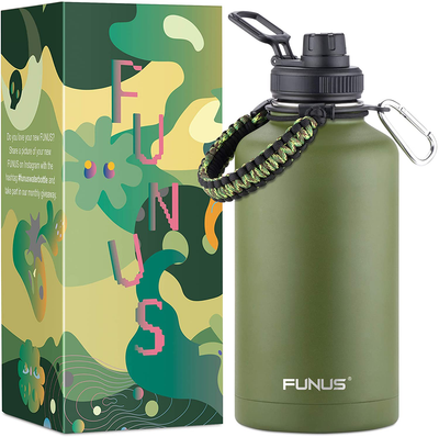 FUNUS Half Gallon Insulated Water Bottle64 oz Vacuum Stainless Steel Water Jug for Men Women Sports Fitness Outdoor Travel Camping Workout (Army Green)