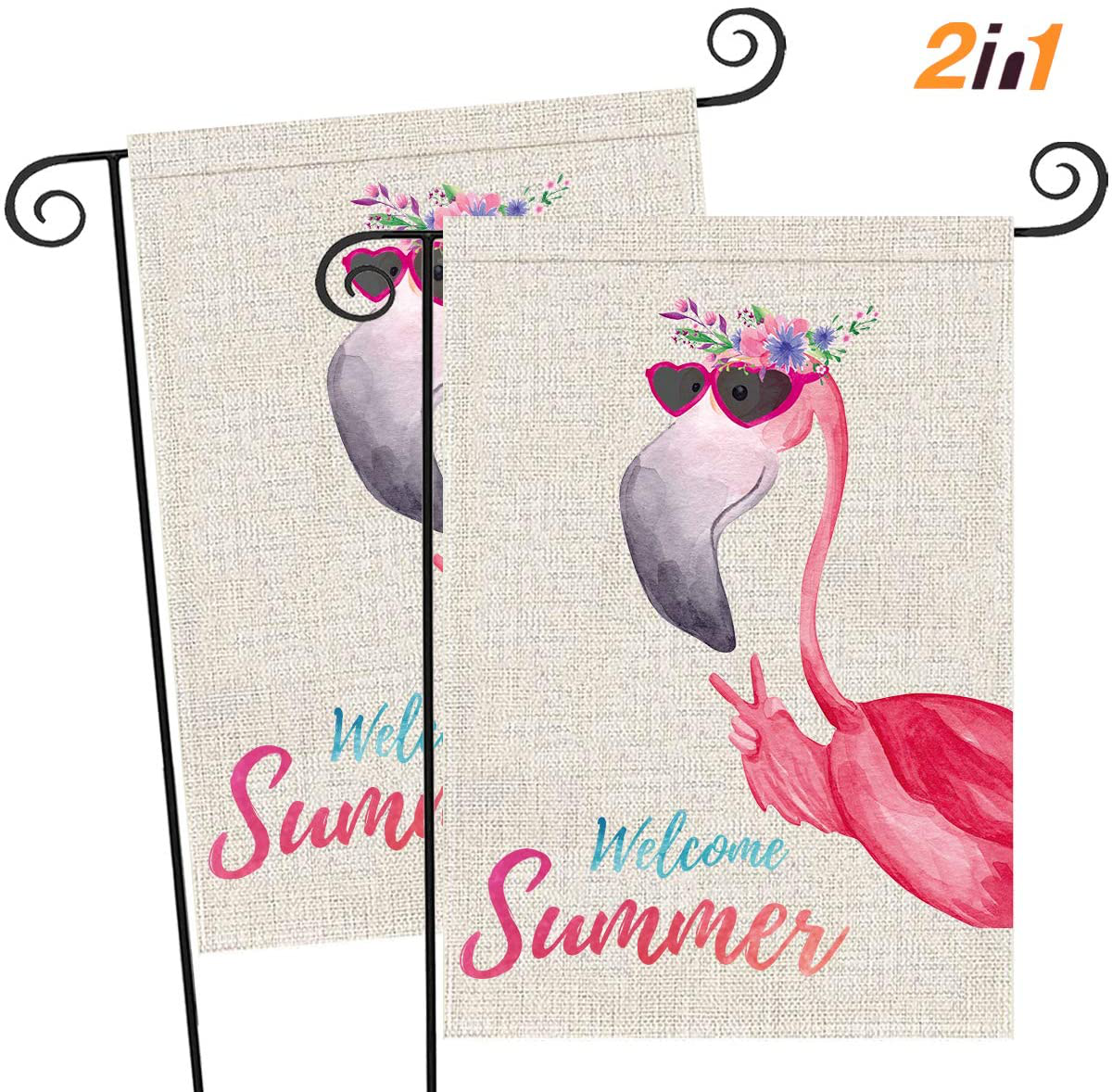 2 PCS Flamingo Vertical Garden Flags Burlap Banners, Garden, Yard, Porch, Lawn 12.5" x 18"