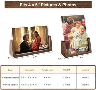 Mixoo Picture Frame 2 Pack - Rustic Wooden Photo Frames with Walnut Wood Base and High Definition Break Free Acrylic Glass Covers for Tabletop or Desktop Display (4x6 inch, Horizontal + Vertical)