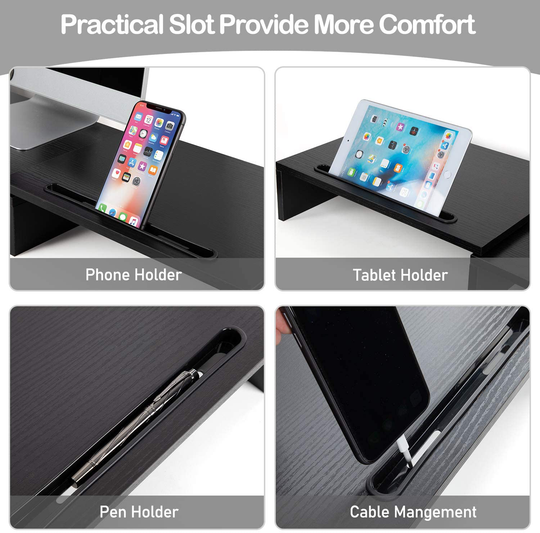 AMERIERGO Dual Monitor Stand Riser- 3 Shelf Screen Stand with Adjustable Length and Angle, 2 Extra Functional Slot Desktop Organizer Stand for PC, Computer, Laptop (Black)