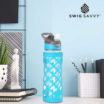 Clear Glass Bottles with Straw, 25 Oz Heat Resistant Glass Sports Bottles, Reusable Water Bottle, Tumbler with Silicone Sleeve, Blue by Swig Savvy