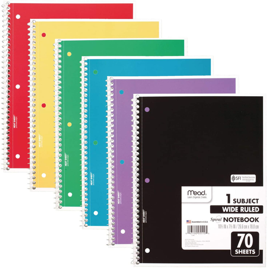 Mead Spiral Notebooks, 1 Subject, Wide Ruled Paper, 70 Sheets, Colored Note Books, Lined Paper, Home School Supplies for College Students & K-12, 10-1/2" x 7-1/2" Assorted Colors, 6 Pack (73063)