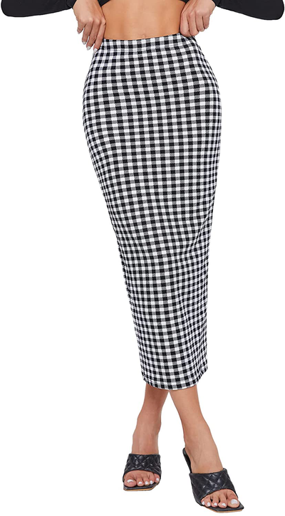 Verdusa Women's Elegant Plaid Elastic Waist Bodycon Midi Skirt