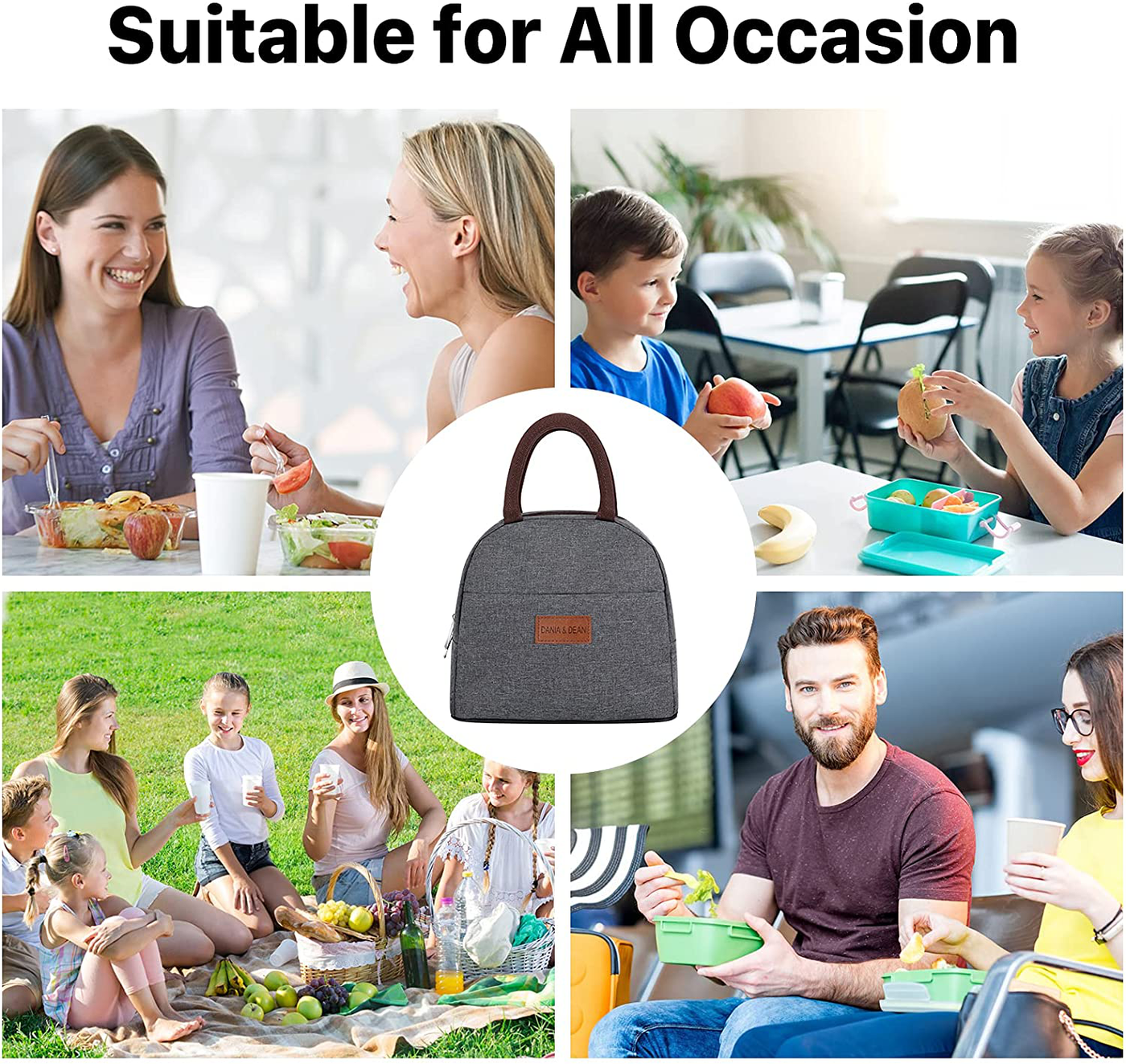 DANIA & DEAN Durable Insulated Lunch Bag for Women/Men/Kids Double Zippers Wide Open Tote Bag Leakproof Thermal and Cooler Reusable Lunch Box for Office/School/Outdoor (Black)