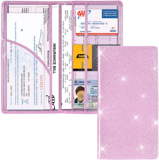 Car Registration and Insurance Holder, Vehicle Glove Box Car Organizer Men Women Wallet Accessories Case with Magnetic Shut for Cards, Essential Document, Driver License by Cacturism, Bling Pink