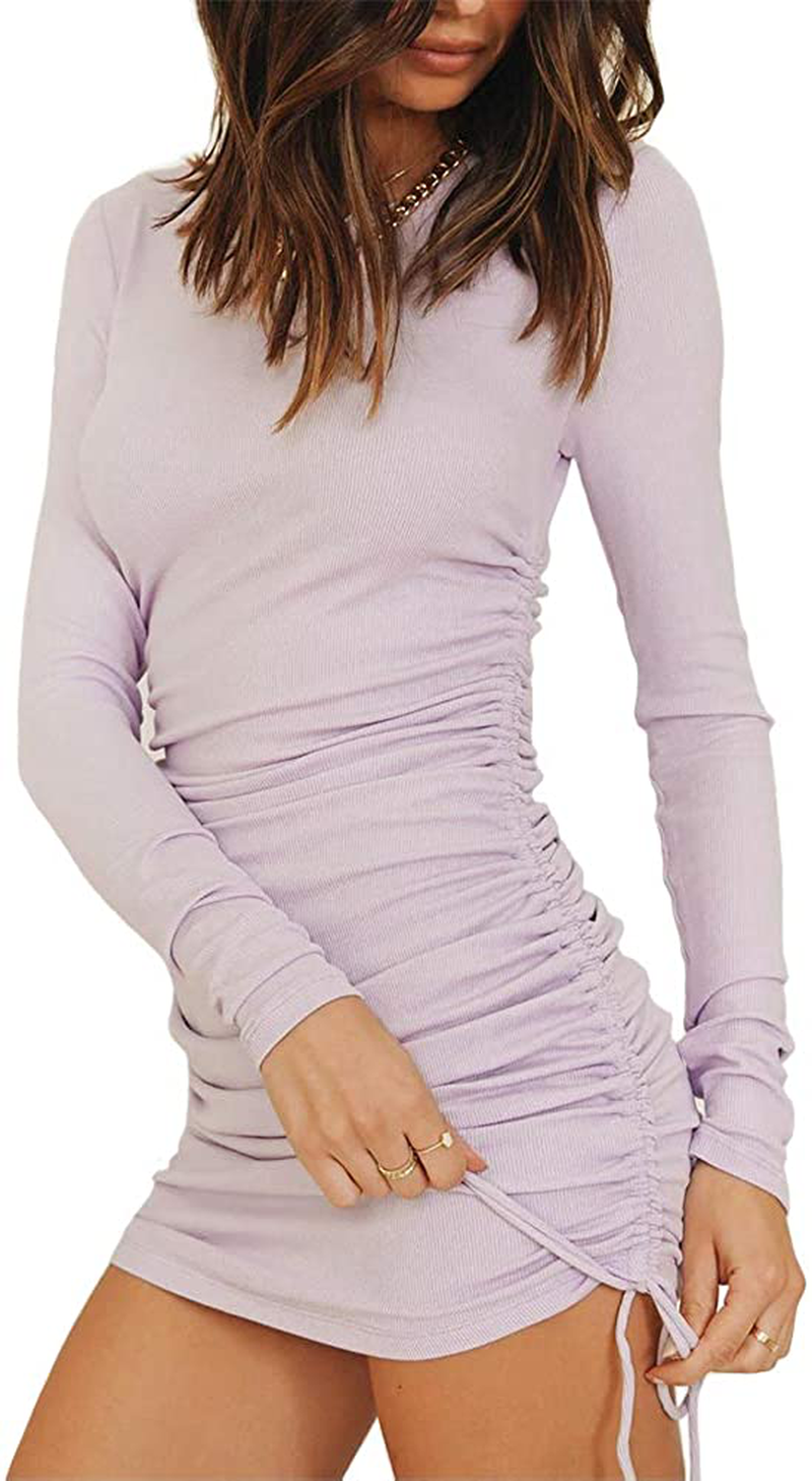 MiiVoo Women's Sexy Club Ruched Long Sleeve Drawstring Mini Bodycon Dress