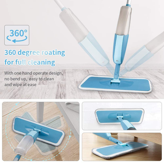 MEXERRIS Microfiber Spray Mop for Floor Cleaning Wet Dry, 360 Degree Spin Microfiber Dust Kitchen Mop with 410ML Refillable Bottle Include 3 Microfiber Reusable Pads and 1 Scrubber