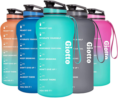 Giotto Large Half Gallon/64oz Motivational Water Bottle with Time Marker & Removable Strainer, Leakproof BPA Free Water Jug to Remind You Drink More Water and Hydrate in Style