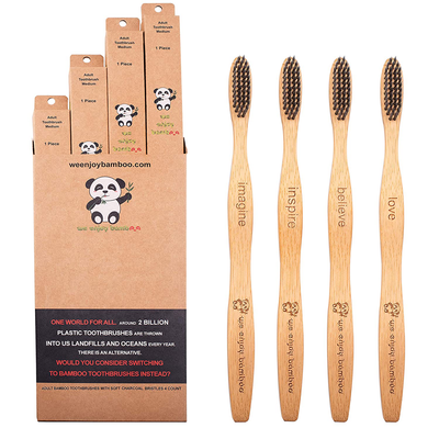 Natural Organic Eco Friendly Bamboo Toothbrush Adult Soft Nylon Bristles, BPA Free, 100% Plastic Free & Biodegradable Handles & Packaging, Responsible Dental Care, 4-Pack