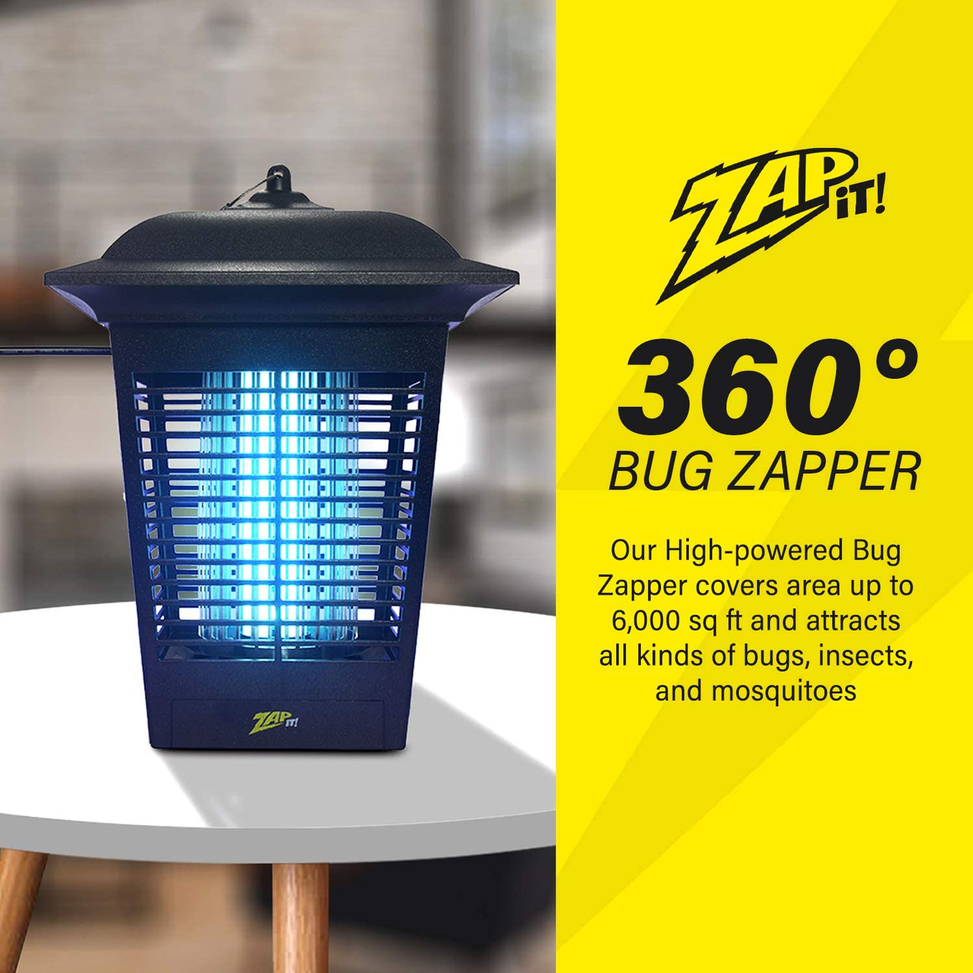 ZAP IT! Electric Indoor/Outdoor Bug Zapper (3,000 Volt) Waterproof 360 Degree Mosquito, Bug, and Insect Killer - Non-Toxic Attractant UV Light and Electric Shock - Bug Collector to Easily Clean