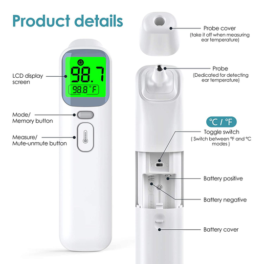 Infrared Thermometer Forehead Ear Thermometer for Fever, KKmier Digital Medical Thermometer No Touch LCD Instant Readings, Memory Function with Color Change Alarm for Adults Baby Kids