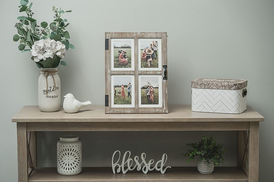 GLM Farmhouse Window Frame Holds Four 4x6 and 5x7 Photos, Farmhouse Picture Frames With Mat and Glass, Photo Collage Frame and Rustic Farmhouse Decor (Brown)