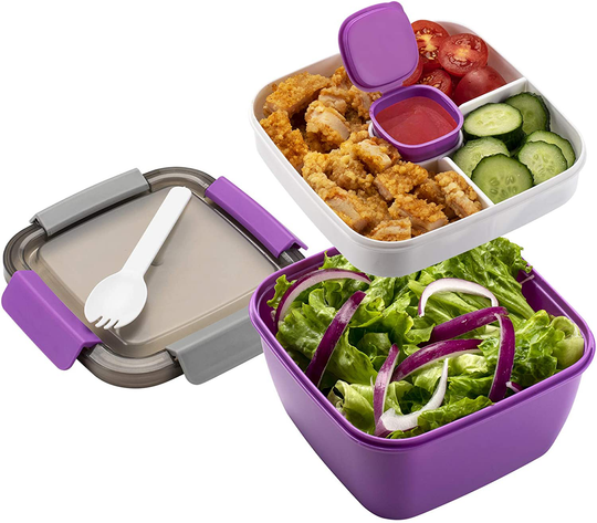 Freshmage Salad Lunch Container To Go, 52-oz Salad Bowls with 3 Compartments, Salad Dressings Container for Salad Toppings, Snacks, Men, Women (Purple)