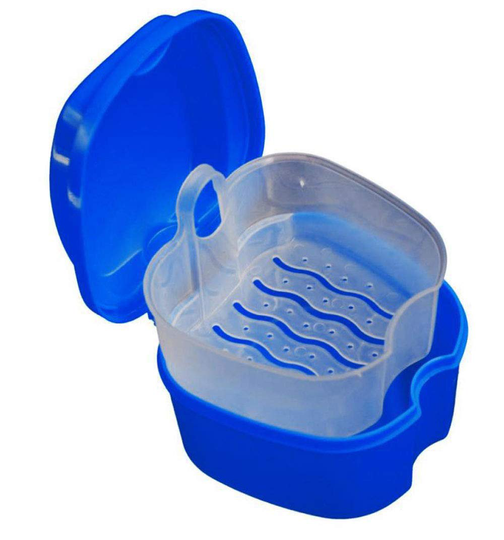 KISEER Denture Bath Case Cup Box Holder Storage Soak Container with Strainer Basket for Travel Cleaning (Blue)