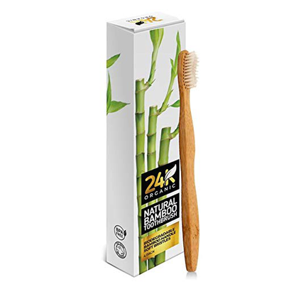 Natural Bamboo Wood Toothbrush Soft White Bristles by 24k Organic--Biodegradable, BPA Free, Eco-Friendly, Vegan Friendly, Environmentally Clean–Go Green Dental Care for Entire Family (Single Pack)