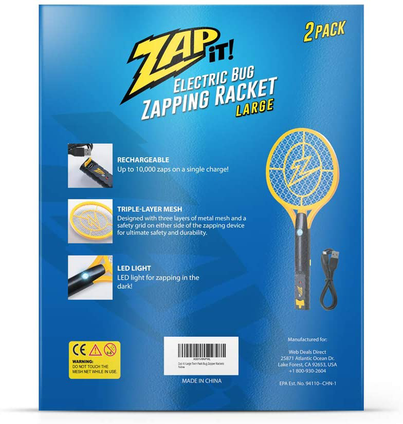 Zap It Bug Zapper Rechargeable Bug Zapper Racket, 4,000 Volt, USB Charging Cable, 2 Pack