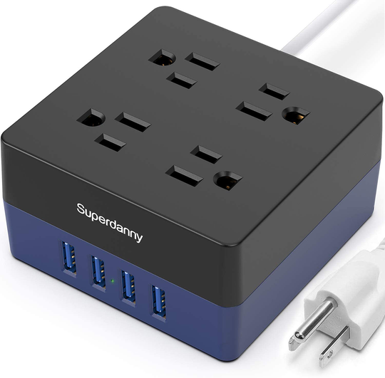 USB Power Strip Surge Protector - SUPERDANNY Mountable Charging Station with 4 Widely Spaced AC Outlets & 4 Smart USB Ports, 5ft Desktop Extension Cord for Home, Office, Hotel, Dorm Room, RV, Blue