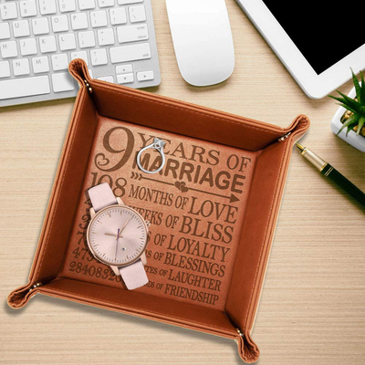 KATE POSH 9 Years of Marriage Engraved Leather Catchall Valet Tray, Our 9th Wedding Anniversary, 9 Years as Husband & Wife, Gifts for Her, for Him, for Couples (Rawhide)