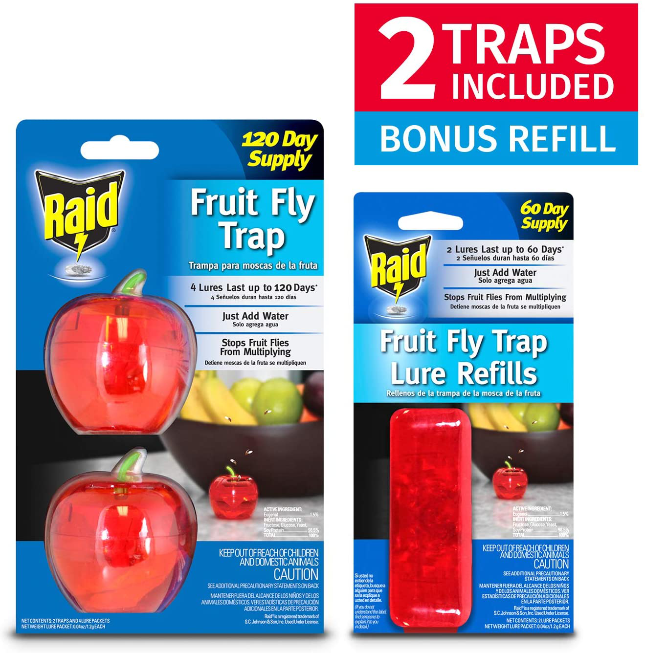 Raid Fruit Fly Trap (2 Pack Bundle) | 2 Lures + 2 Refills | Effective Fly Trap for Indoor Use | Fly Catcher and Gnat Trap for Kitchen & Dining Areas | Easy to Use & Safe Food-Based Lure Fly Catcher
