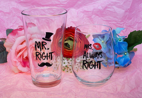 Funny Wedding Gifts - Mr. Right and Mrs. Always Right Novelty Wine Glass and Beer Glass Combo - Engagement Gift for Couples
