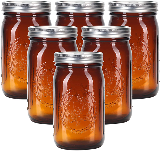 Eleganttime Amber Glass Mason Jars 32 oz Wide Mouth with Airtight Lids and Bands 6 Pack Large Glass Canning Mason Jars with Lids Quart Wide Mason Jars,Great for Canning jar pickle fermenting jam jar