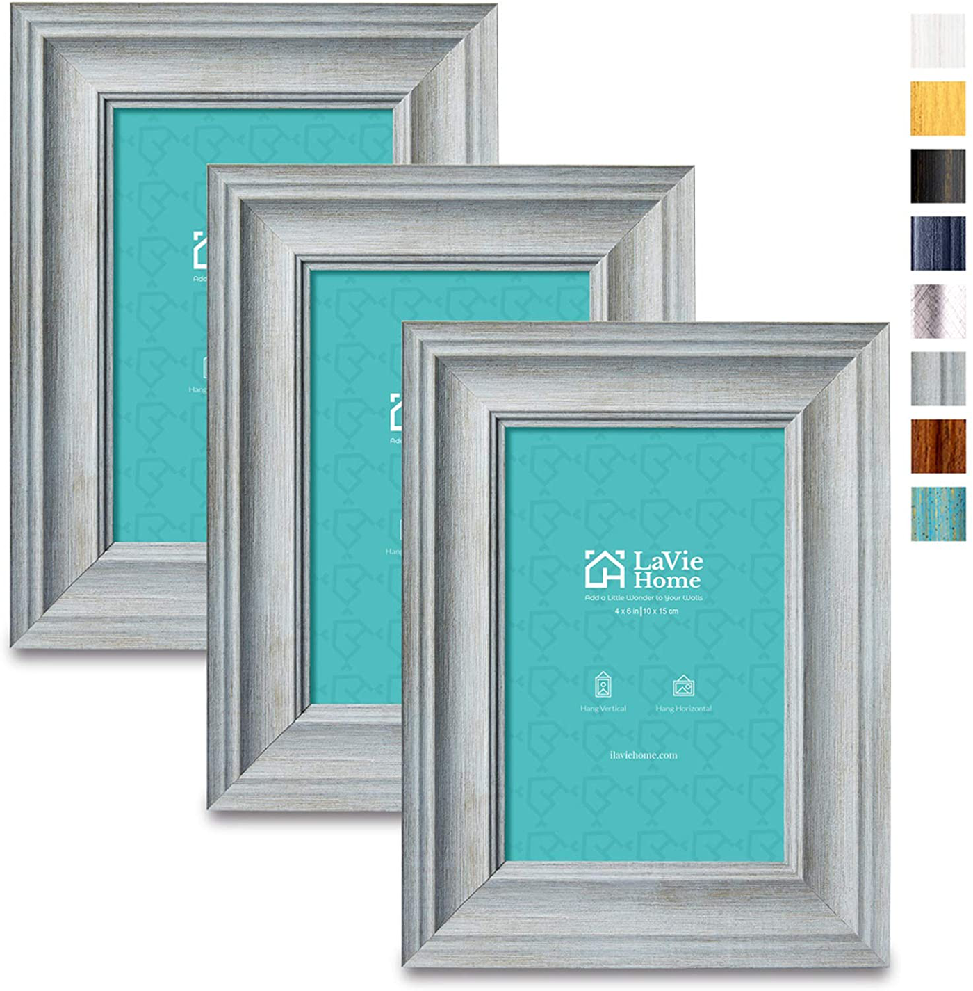 LaVie Home 5x5 Picture Frames (3 Pack, Distressed White Wood Grain) Rustic Photo Frame Set with High Definition Glass for Wall Mount & Table Top Display