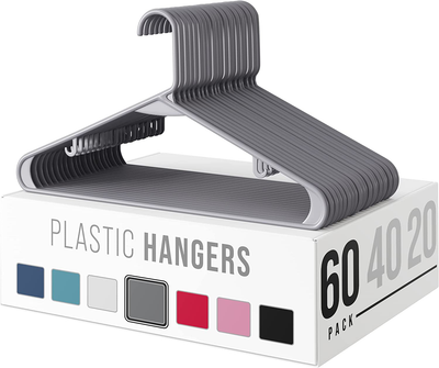 Plastic Clothes Hangers (20, 40, & 60 Packs) Heavy Duty Durable Coat and Clothes Hangers | Vibrant Color Hangers | Lightweight Space Saving Laundry Hangers (60 Pack - Grey)