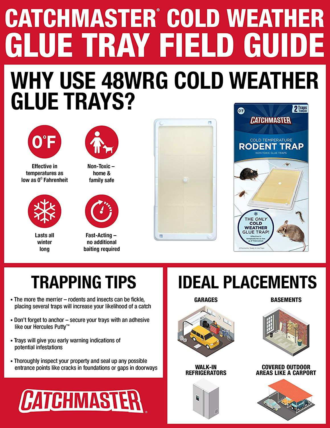 Catchmaster Rat, Mouse, Rodent & Insect Cold Weather Professional Strength Glue Traps - Non Toxic - 6 Glue Trays