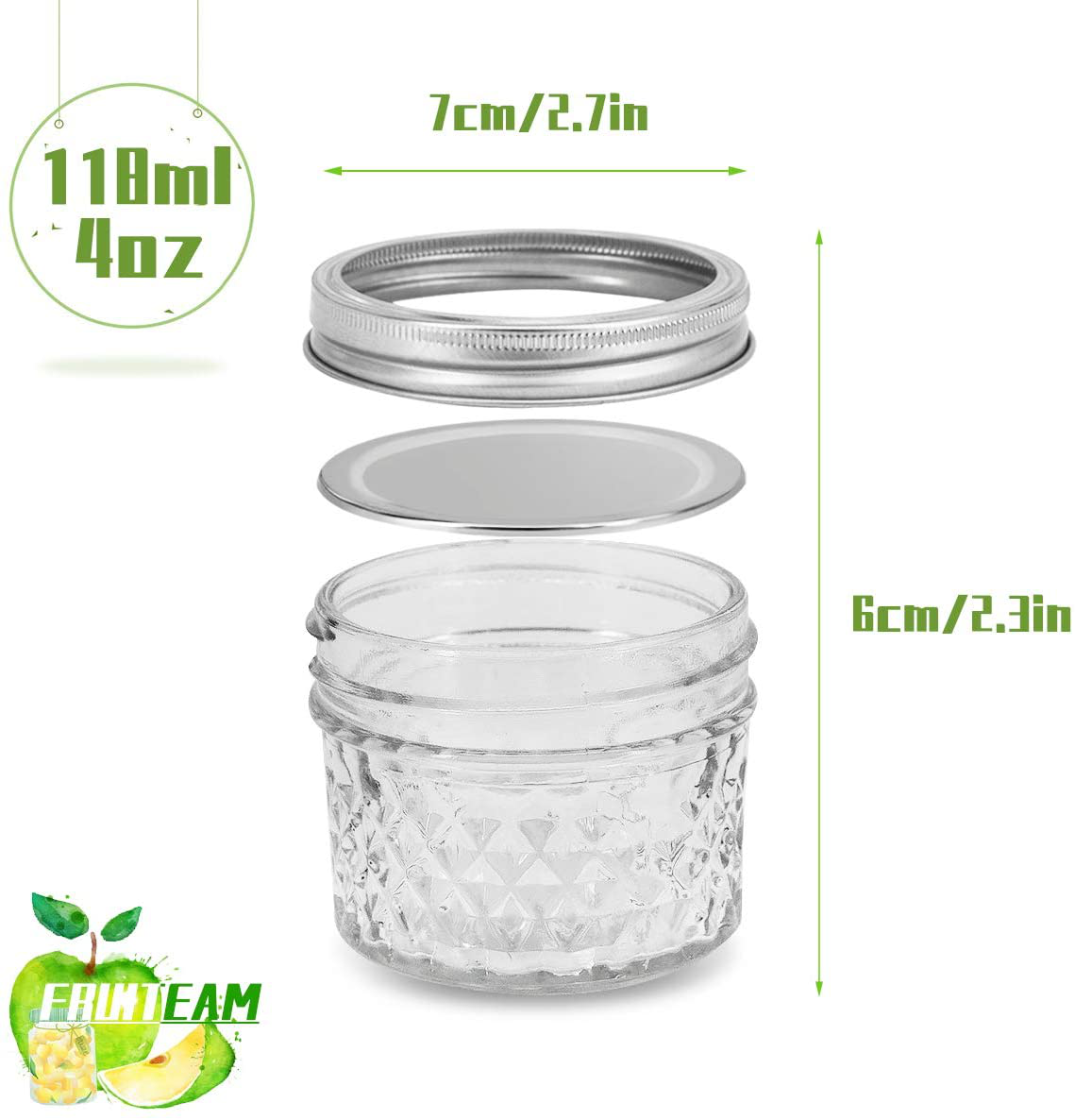 FRUITEAM 8 oz Mason Jars with Lids and Bands-Set of 12, Quilted Crystal Jars Ideal for Jams, Jellies, Conserves, Preserves, Fruit Syrups, Chutneys, and Pizza Sauce