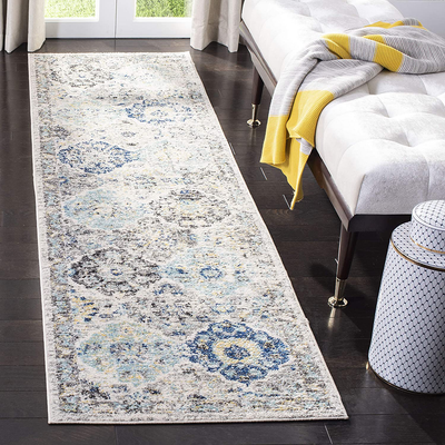 Safavieh Madison Collection MAD611A Boho Chic Floral Medallion Trellis Distressed Non-Shedding Stain Resistant Living Room Bedroom Runner, 2'3" x 6' , Ivory / Aqua