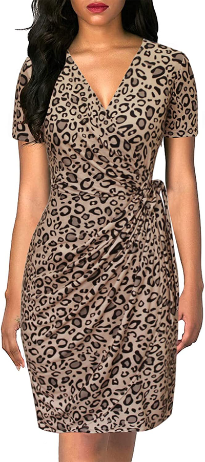 Lyrur Women's Classic V-Neck Casual Party Knee Length Sheath Work Short Sleeve Faux Black Wrap Dress