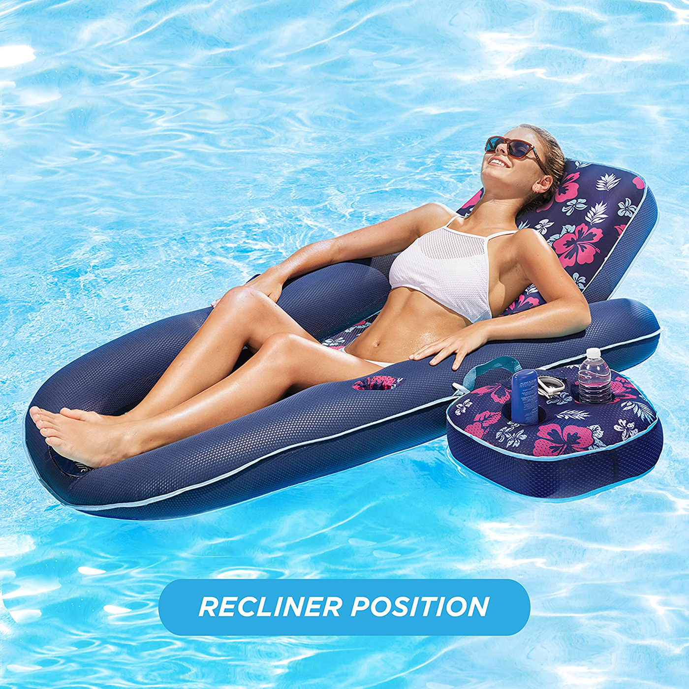 Aqua Campania Ultimate 2 in 1 Recliner & Tanner Pool Lounger with Adjustable Backrest and Caddy, Inflatable Pool Float