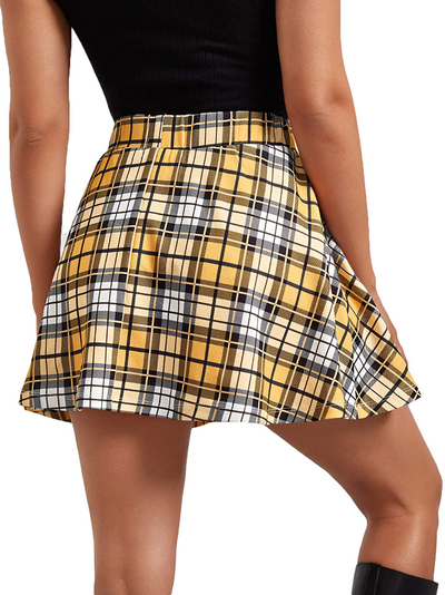 SheIn Women's High Waist Flared Mini Skirt Plaid Short Skater Skirt