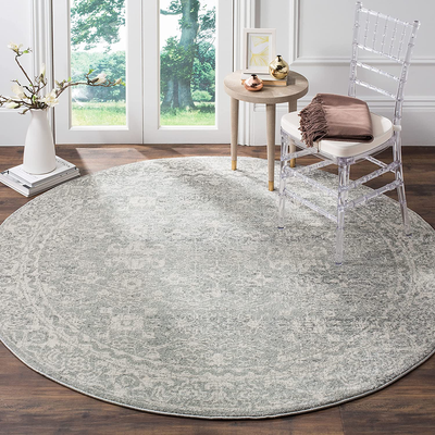 Safavieh Evoke Collection EVK270Z Shabby Chic Distressed Non-Shedding Dining Room Entryway Foyer Living Room Bedroom Area Rug, 5'1" x 5'1" Round, Silver / Ivory