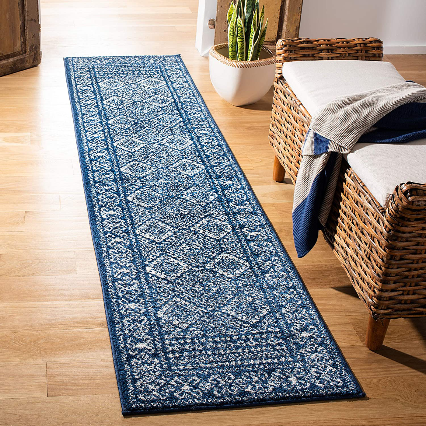 Safavieh Tulum Collection TUL264N Moroccan Boho Distressed Non-Shedding Stain Resistant Living Room Bedroom Runner, 2' x 8' , Navy / Ivory