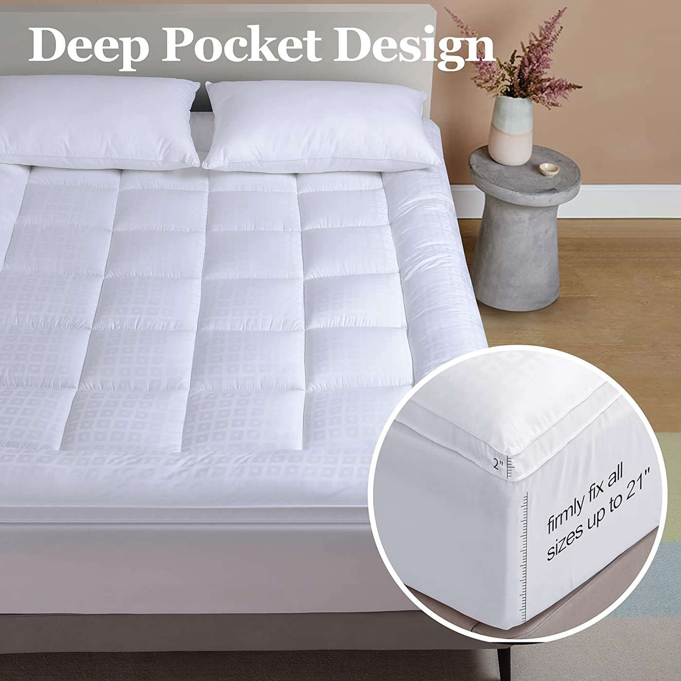 Mattress Pad Cover King Size Cooling Mattress Topper Pillow Top Cotton Upper Layer with Polyester Fill Quilted Fitted Mattress Protector 8"-21" Deep Pocket