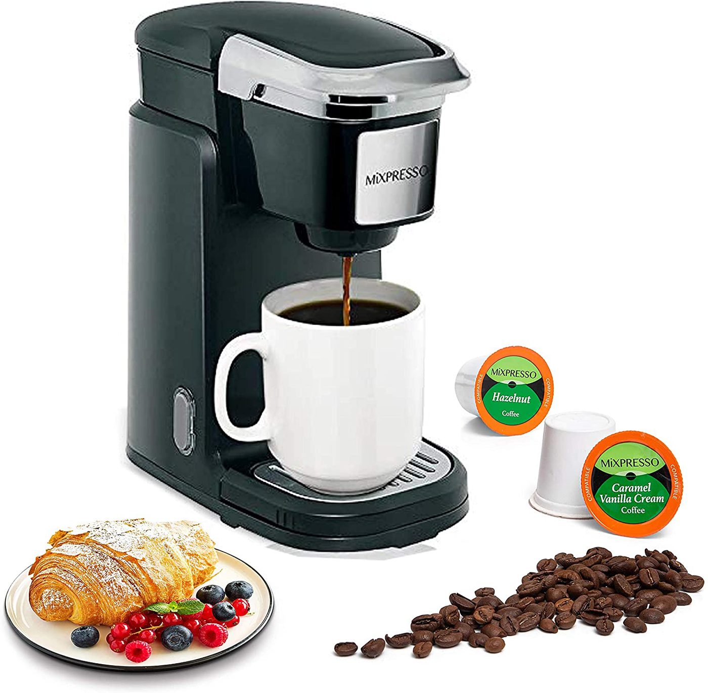 Mixpresso Single Cup Coffee Maker | Personal, Single Serve Coffee Brewer Machine, Compatible with Single-Cups | Quick Brew Technology, Programmable Features, One Touch Function (Red & Black)